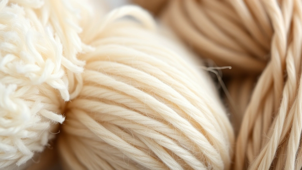 Close-up macro shot of different yarn textures and ply structures side by side, showing fuzzy acrylic, smooth wool, and twisted merino fibers with depth of field focusing on fiber details