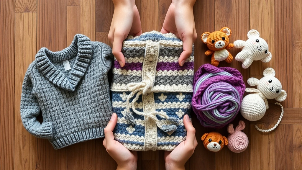 Overhead shot of hands holding completed crochet projects including a folded sweater, rolled blanket, and small amigurumi toys in various yarn colors and textures, arranged artfully on a wooden surface