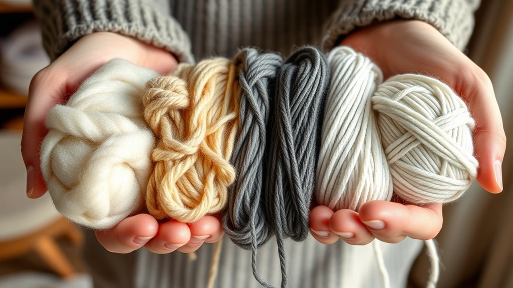 Hands holding different yarn samples - merino wool, acrylic, cotton, and blended yarn - showing texture and fiber differences, warm natural indoor lighting