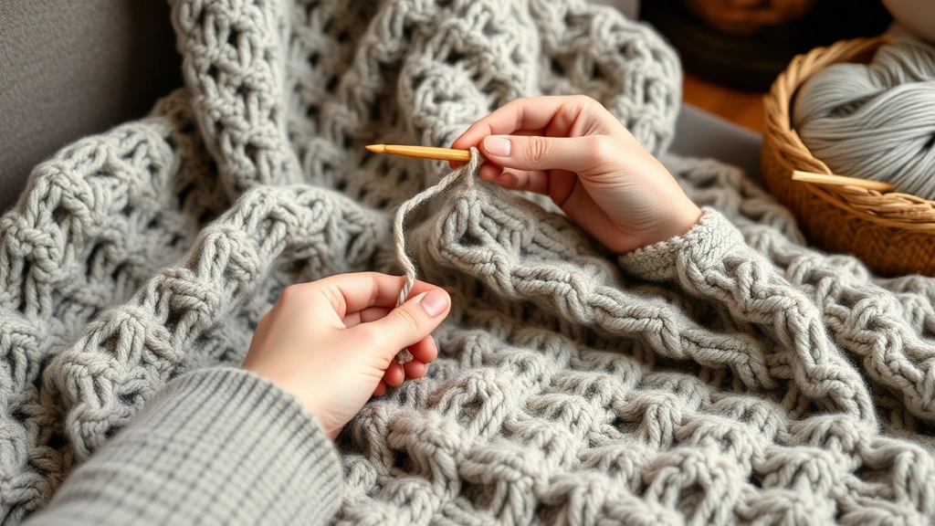 Crocheter working on a blanket with worsted weight yarn, showing hands holding hook and yarn with stitches in progress, cozy home setting with yarn bowl nearby