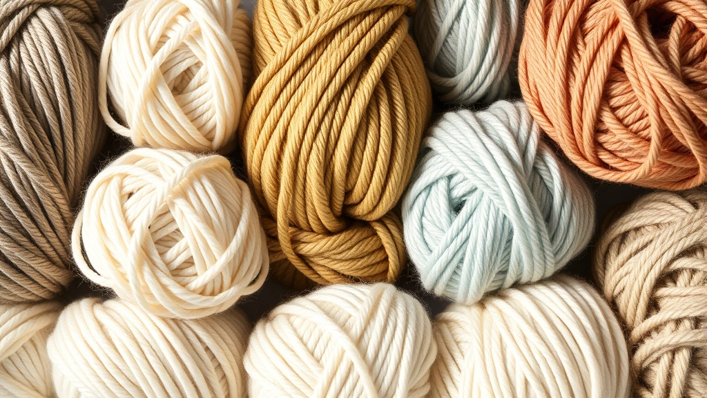 Close-up of seven different yarn balls arranged by thickness, from delicate lace weight to chunky jumbo weight, natural lighting showing fiber texture and color variation