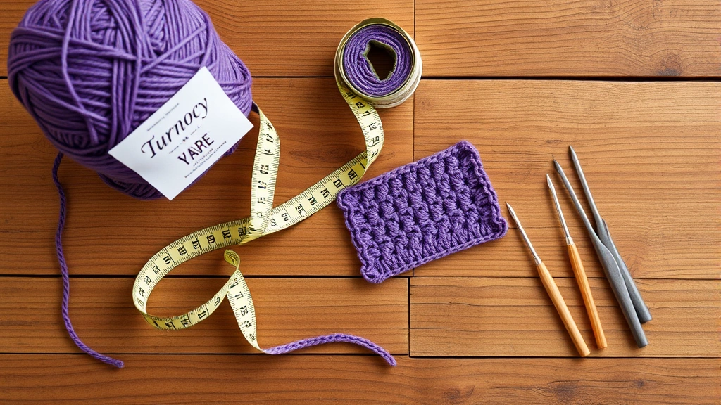 Overhead view of a crocheter's workspace with yarn label, measuring tape, gauge swatch, and crochet hooks in various sizes on a wooden table