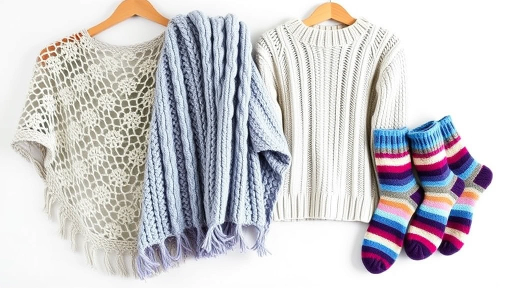 Finished crochet projects in different weights displayed together: delicate lace shawl, chunky blanket, fitted sweater, and colorwork socks showing texture differences