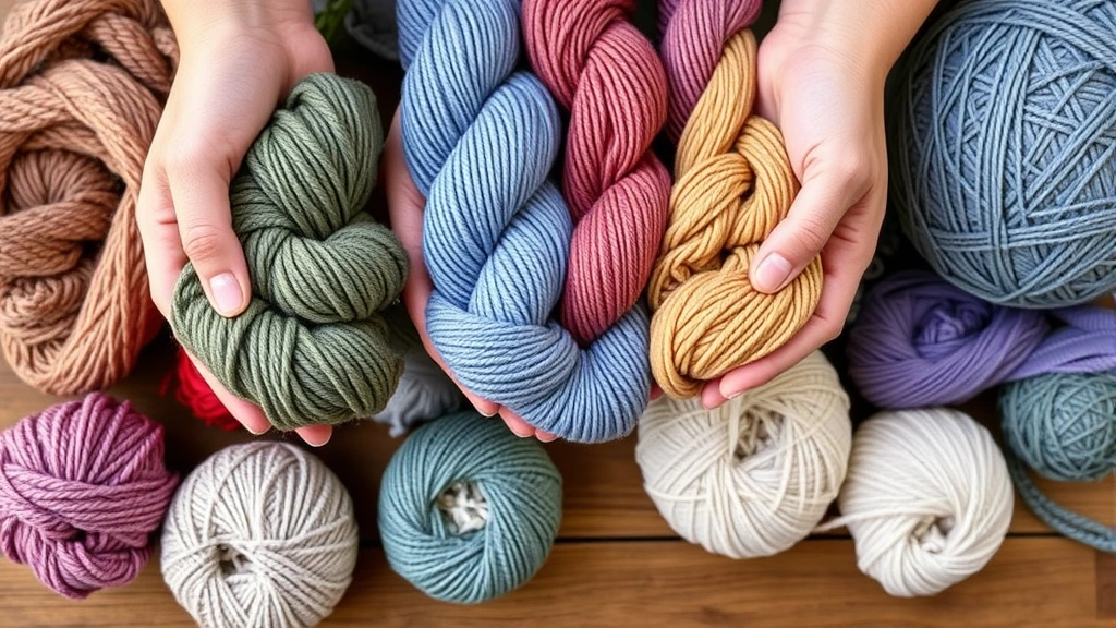 Close-up hands holding various colorful yarn skeins and balls of different textures and weights arranged on a wooden table