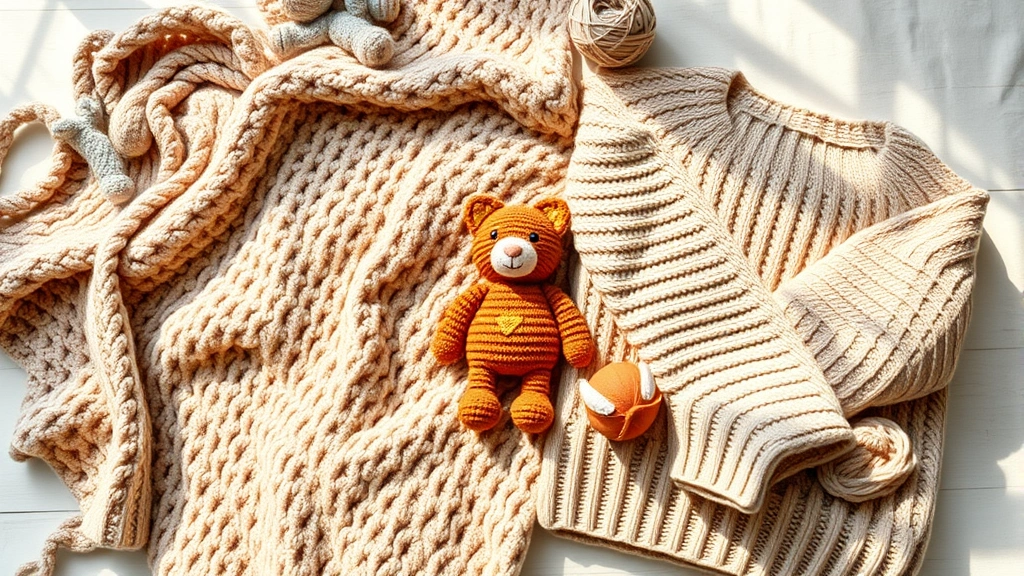 Cozy flat lay of crocheted blanket, finished amigurumi toys, and folded sweater with yarn balls in natural lighting