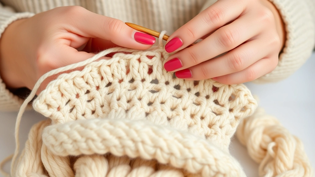 Woman's hands working with crochet hook on a project with soft yarn, showing detailed stitch work and texture