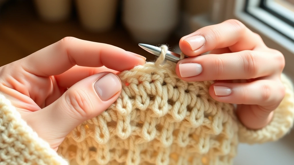 A close-up of a crocheter's hands working with soft worsted weight yarn in cream color, showing tension and loop formation on a metal crochet hook, with natural window light illuminating the stitches