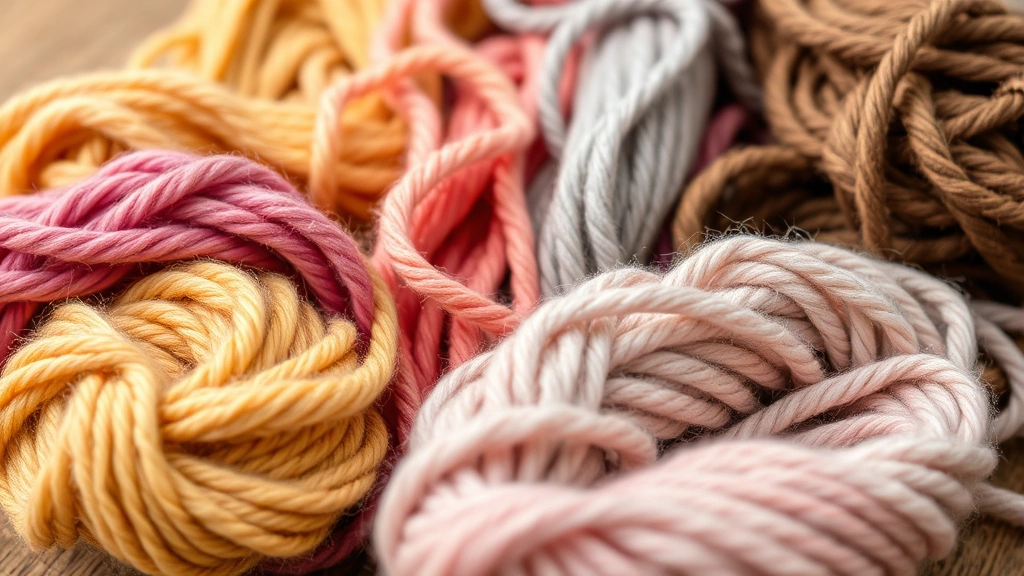 Close-up of colorful yarn skeins in various textures and weights, showing different fiber types and yarn thicknesses arranged together on a wooden table
