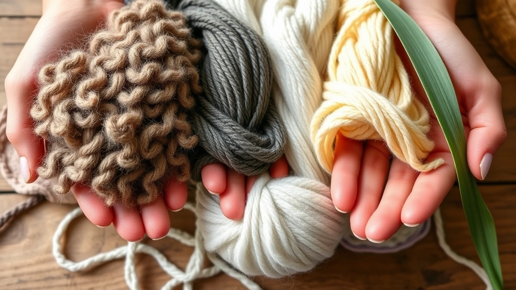 Close-up of hands holding different yarn textures—worsted weight wool, soft acrylic, silky bamboo—arranged naturally on a wooden table with natural window lighting, showing the tactile differences between fibers