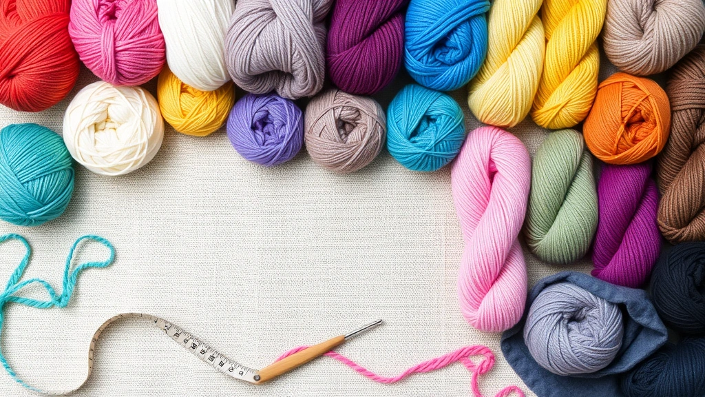 Flat lay of colorful yarn skeins organized by weight categories, from delicate fingering weight to chunky bulky weight, with a measuring tape and crochet hook nearby on a neutral linen background