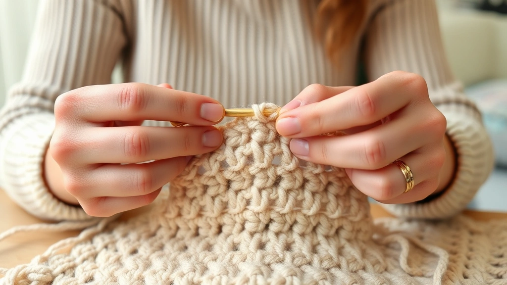 Crocheter working on a project with light-colored worsted weight yarn, showing clear stitch definition with hook inserted mid-single crochet, hands positioned naturally over the work with warm indoor lighting
