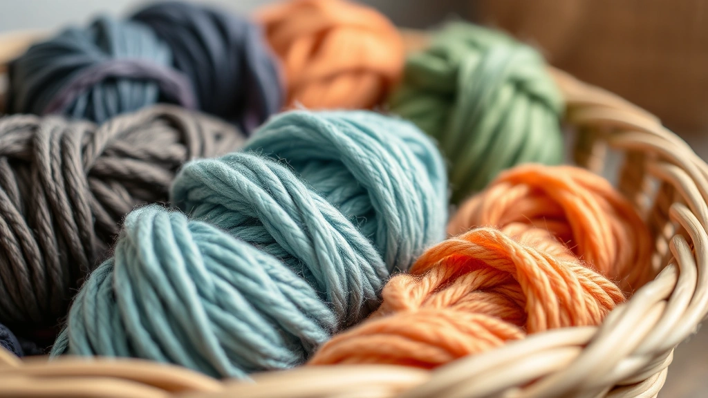 Close-up of colorful yarn skeins in a cozy knitting basket, natural lighting showing texture and fiber details, soft focus background, warm home setting