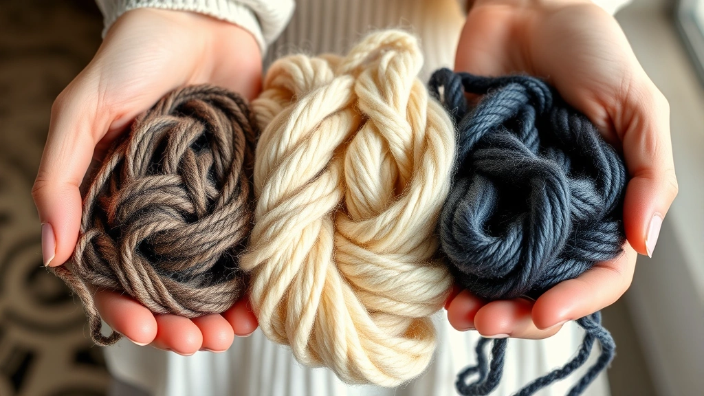 Hands holding different yarn samples showing various textures and colors, demonstrating softness and fiber quality, natural daylight, lifestyle photography