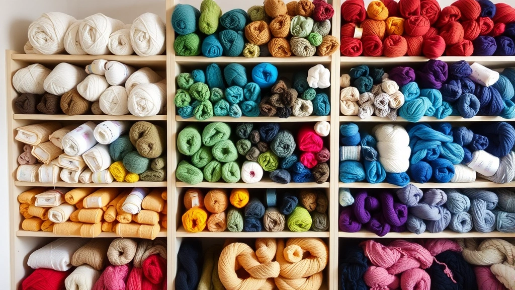 Organized yarn collection displaying different weights from thin lace to chunky bulky yarn, arranged by color gradient, organized storage shelves, inspiring workspace