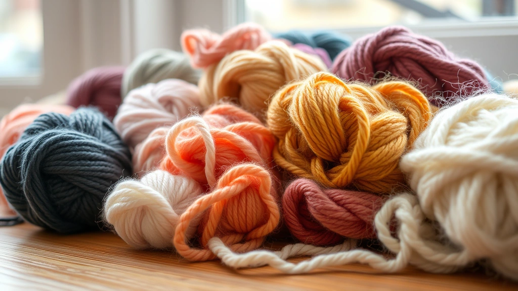 Close-up of colorful yarn skeins in various weights and textures arranged on a wooden surface, natural lighting from window, showing different fiber types including wool, cotton, and acrylic