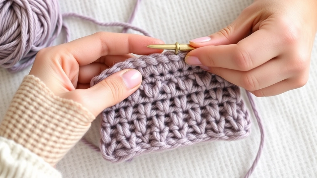 Crocheter's hands working with yarn and hook, making a gauge swatch, soft natural lighting, showing yarn texture and stitch detail clearly