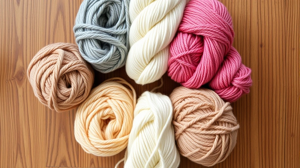 Overhead shot of six different yarn skeins arranged in a circle, showing clear weight progression from thin lace yarn to thick super bulky yarn, natural lighting, wooden table background
