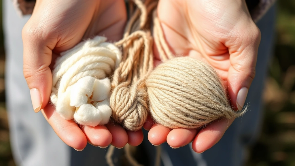 Close-up of hands holding different yarn textures—merino wool, acrylic, cotton, and alpaca blend—showing the tactile differences between fibers in natural daylight