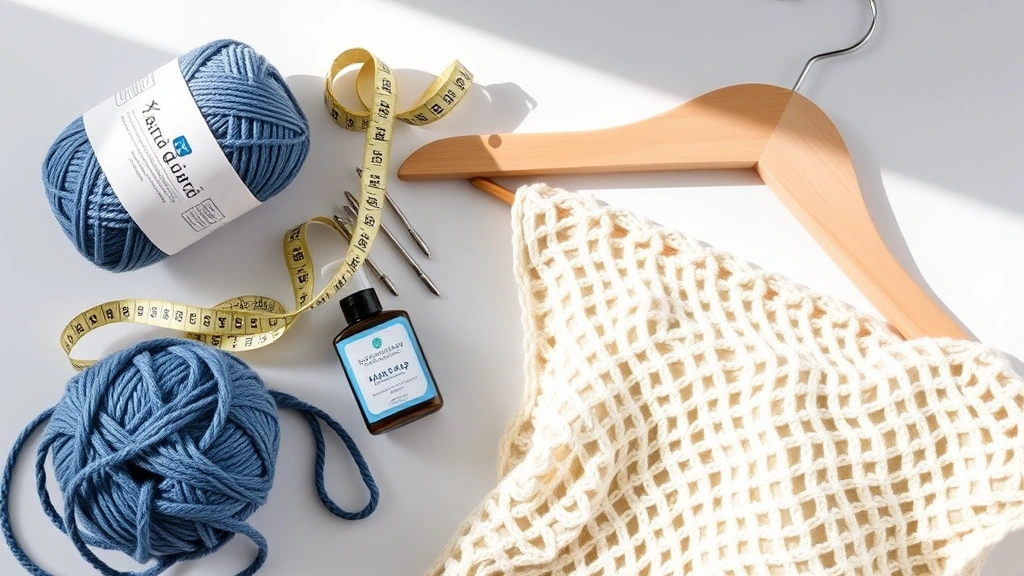 Flatlay of yarn care supplies including yarn label, measuring tape, blocking pins, hand wash soap, and a finished crochet project draped on a wooden hanger with soft natural lighting