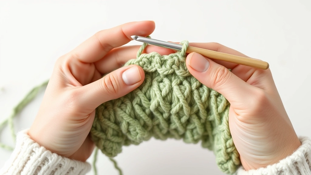 Close-up hands holding crochet hook and yarn showing proper tension technique, soft natural lighting, clean white background, relaxed grip demonstration, sage green worsted weight yarn