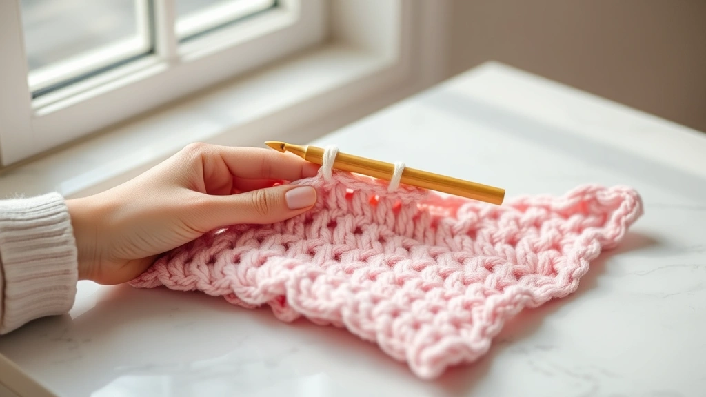 Close-up hands crocheting soft pink baby blanket with bamboo hook, natural window light, white marble surface, perfect even stitches visible, cozy crafting atmosphere