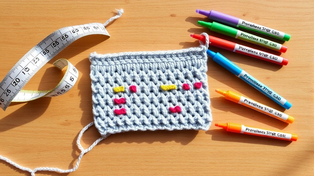 Crochet gauge swatch with measuring tape and stitch markers, flat lay photography, bright daylight, wooden table surface, multiple colored markers indicating problem areas