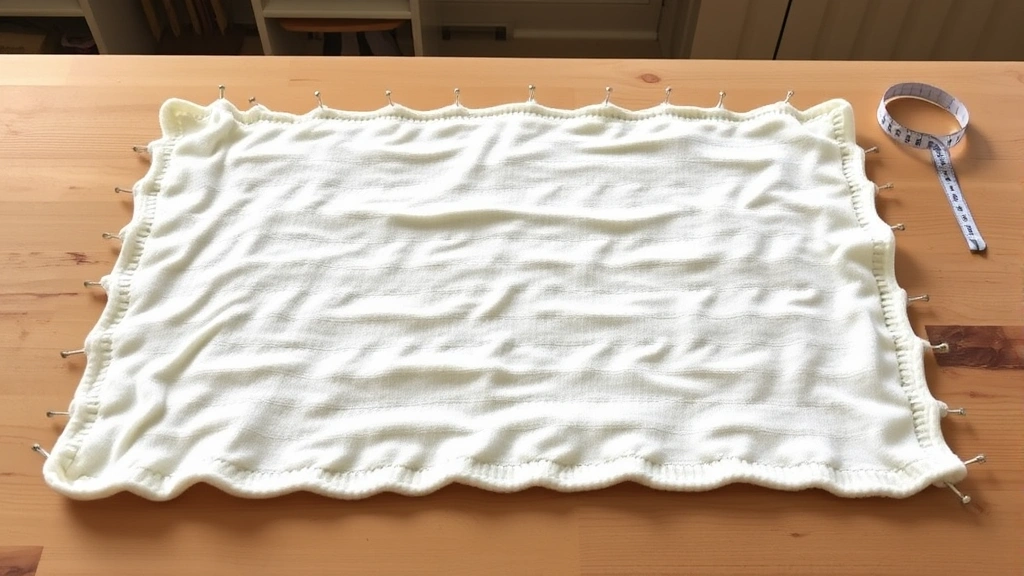 Finished cream baby blanket laid flat on wooden table, professional blocking pins around edges, measuring tape nearby, soft natural lighting, neat organized workspace