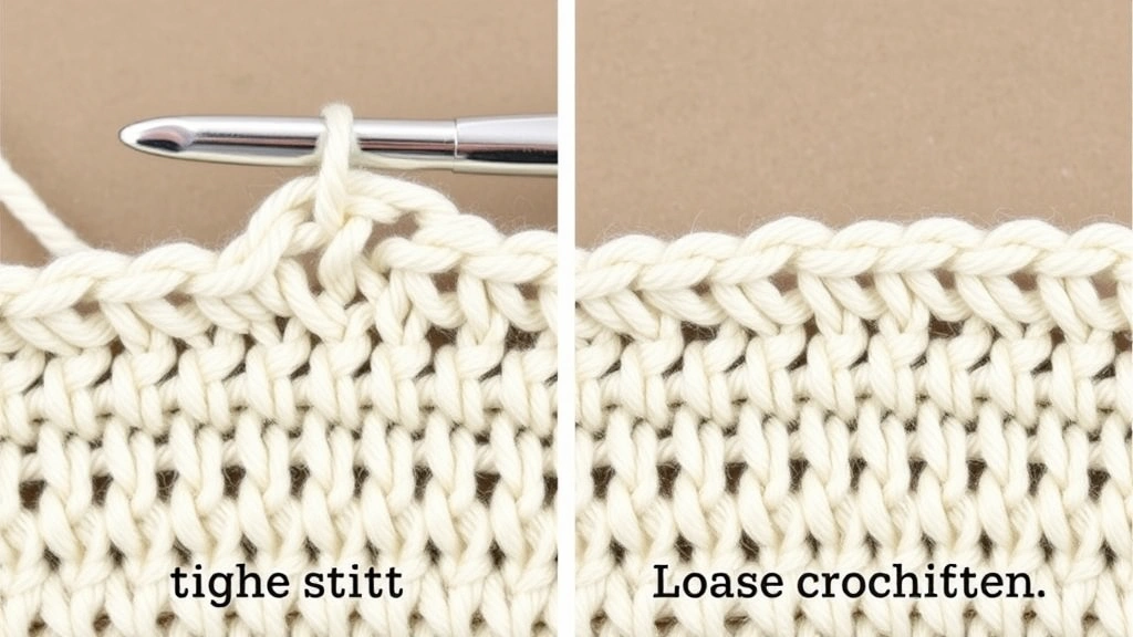 Side-by-side comparison of tight versus loose crochet stitches, detailed macro photography, neutral background, clear stitch definition differences, cream colored cotton yarn
