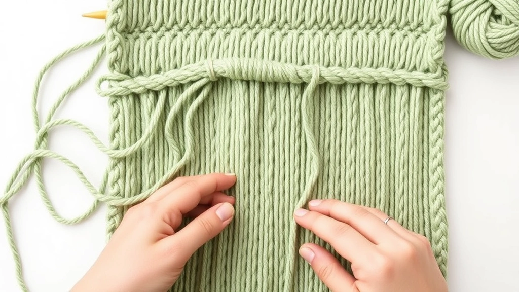 Hands weaving yarn ends into baby blanket back with tapestry needle, sage green yarn, close-up detail of professional finishing technique, clean white background