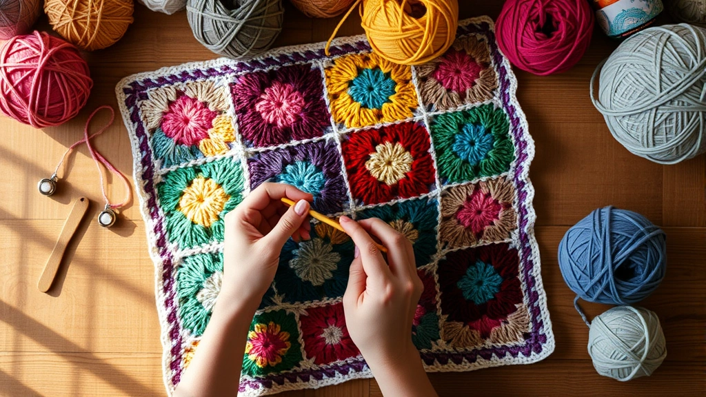Overhead view of colorful granny square blanket in progress, hands holding crochet hook, bright natural lighting, wooden table surface, yarn balls scattered around, cozy crafting setup