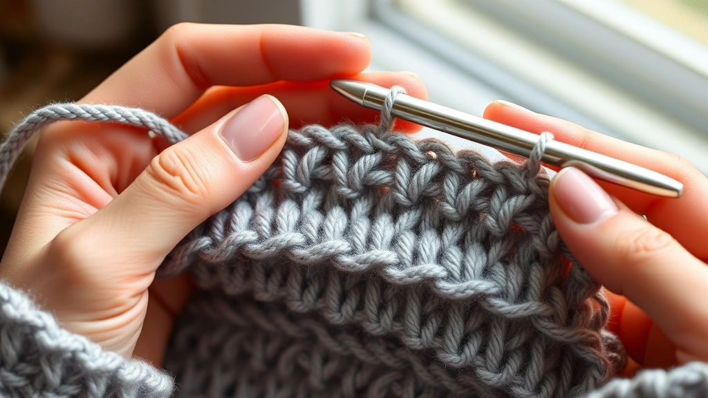Close-up of hands crocheting single crochet stitches in soft gray worsted weight yarn, aluminum hook visible, partial blanket rows showing even tension, warm window light