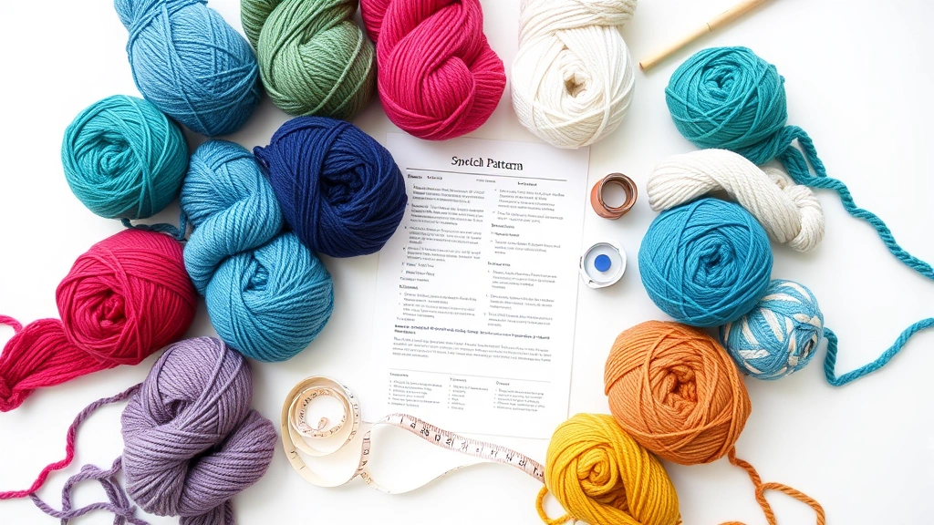 Flat lay of various yarn skeins in coordinating colors arranged around crochet pattern printout, measuring tape and stitch markers visible, clean white background, organized planning setup