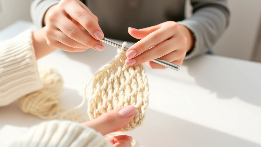 Close-up hands holding aluminum crochet hook and cream worsted yarn, natural window lighting, clean white table surface, beginning chain stitches visible, relaxed crafting atmosphere