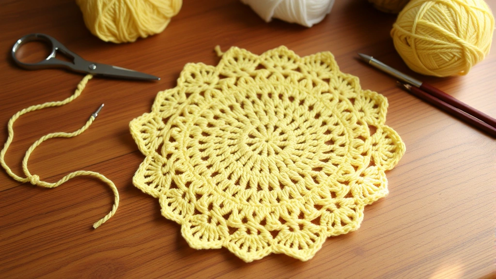 Beginner's first crochet project dishcloth in pale yellow, single crochet stitches, wooden table background, soft natural lighting, scissors and yarn nearby, progress halfway complete
