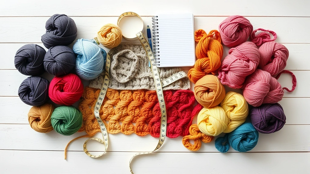Overhead view of multiple colorful yarn skeins arranged on white wooden table with measuring tape and notebook, natural daylight, planning crochet blanket project setup