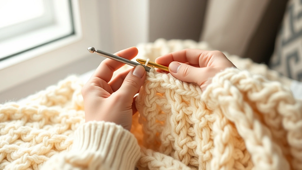 Close-up hands holding crochet hook working on cream colored worsted weight yarn blanket, soft window lighting, partially completed rows visible, cozy crafting atmosphere