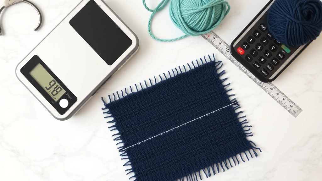 Flat lay of completed gauge swatch next to digital kitchen scale and calculator, measuring tools arranged on marble surface, yarn planning and calculation process