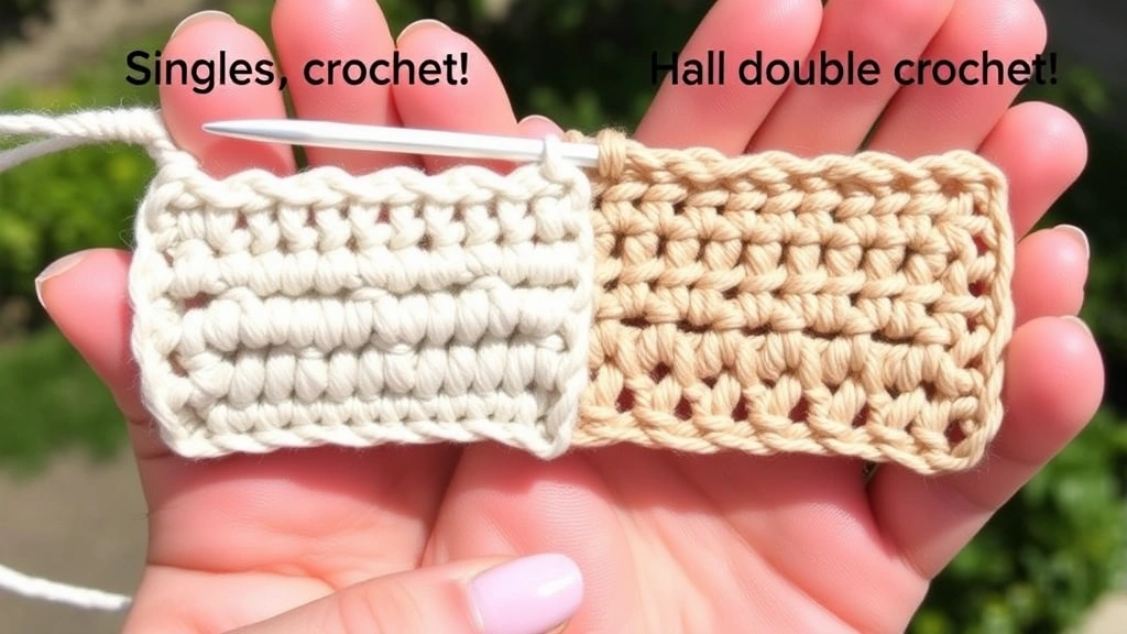 Close-up comparison showing single crochet and half double crochet swatches side by side, natural lighting, hands holding both samples, texture differences clearly visible
