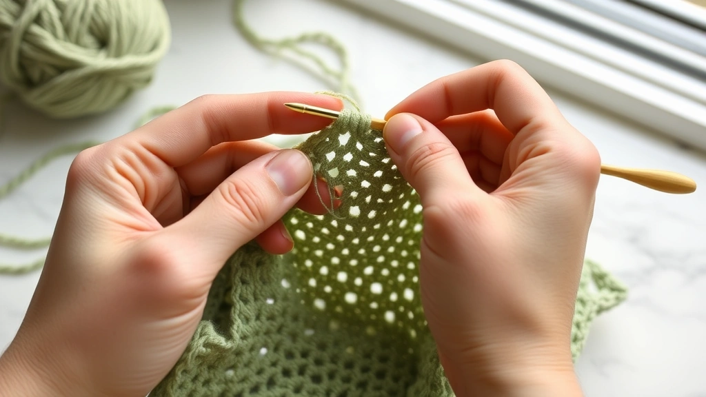 Close-up hands threading yarn tail through tapestry needle, sage green worsted weight yarn, natural window lighting, white marble surface, crochet fabric partially visible