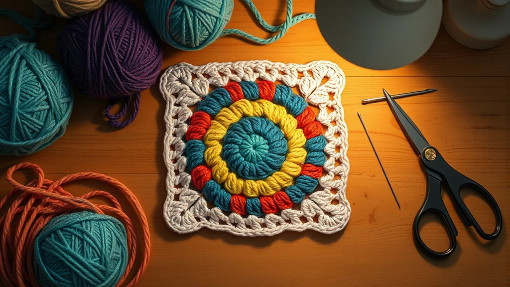 Overhead view of finished granny square with perfectly woven ends, multicolor cotton yarn, daylight lamp illuminating work, tapestry needle and scissors nearby on wooden table