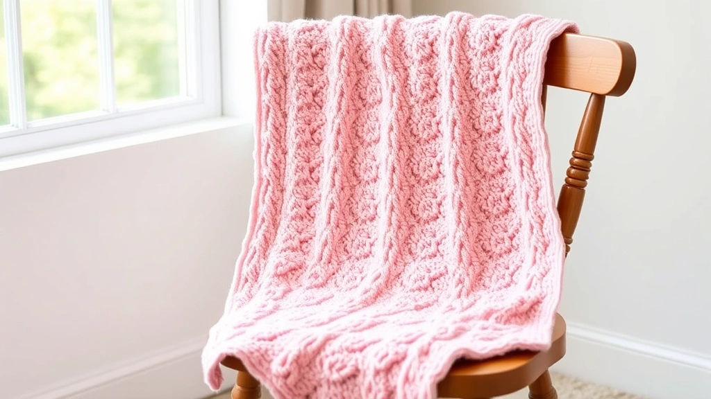 Finished baby blanket in soft pink showing half double crochet texture, draped naturally over wooden chair, natural window light, cozy nursery setting