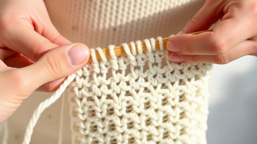 Side angle of hands weaving yarn end through back loops of single crochet stitches, cream colored acrylic yarn, soft natural lighting, fabric tension clearly visible