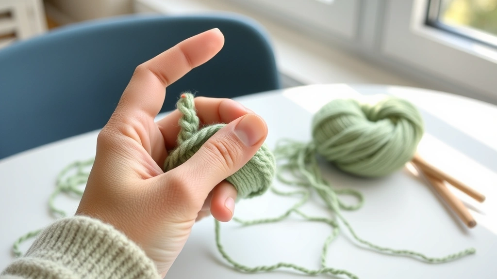 Close-up of hands demonstrating proper yarn hold technique, index finger wrapped with worsted weight sage green yarn, natural window lighting, clean white table surface