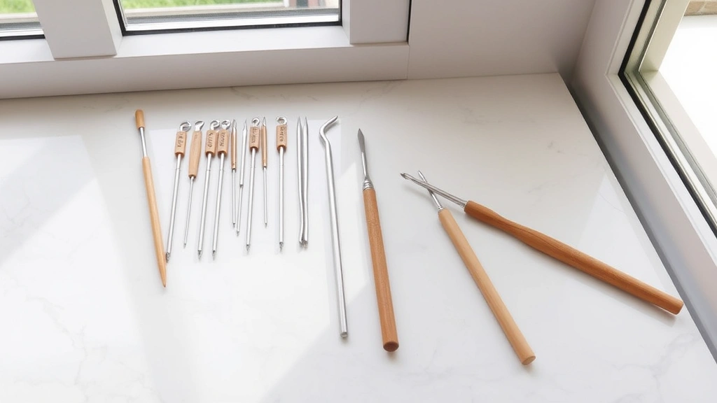 Various crochet hooks arranged on white marble surface, aluminum and bamboo materials, size labels visible, natural window lighting, clean minimalist styling, crafting workspace aesthetic