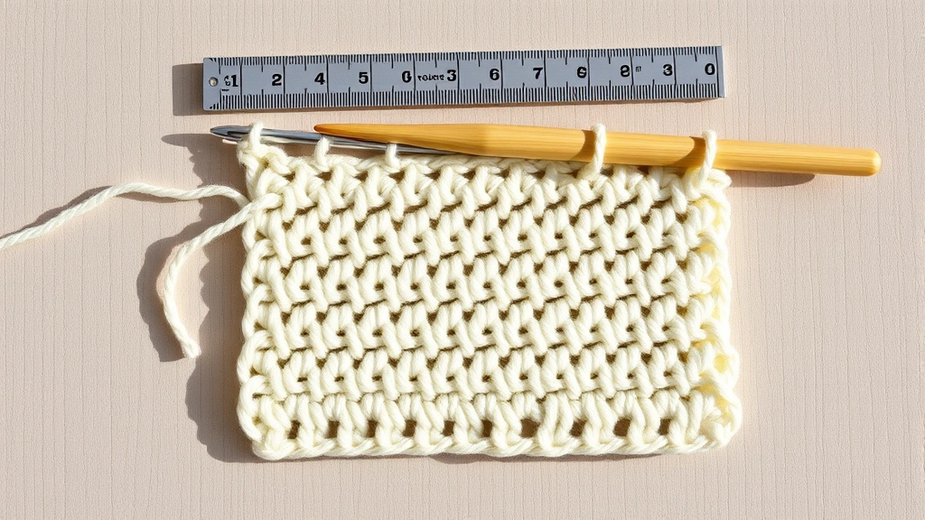 Overhead view of crochet gauge swatch with measuring ruler, even double crochet stitches in cream cotton yarn, bamboo hook beside work, bright natural lighting