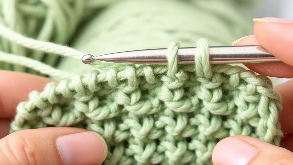 Close-up of crochet hook working through worsted weight yarn in sage green, showing clear stitch definition, hands visible, soft natural lighting, work in progress