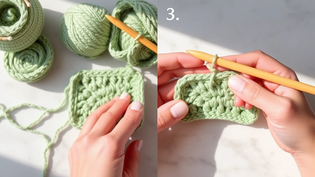 Step-by-step slip stitch join being made in sage green granny square, hands holding bamboo hook, soft natural light, marble table surface, connection point clearly shown