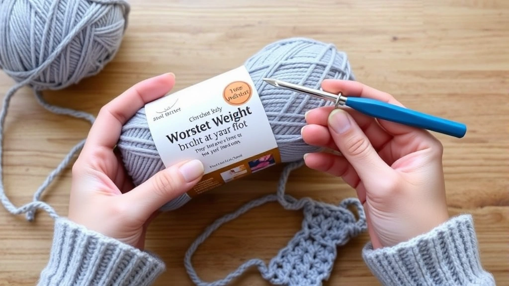 Hands holding yarn label next to corresponding crochet hook, worsted weight yarn skein, hook size comparison, soft natural lighting, wooden table surface, beginner-friendly demonstration