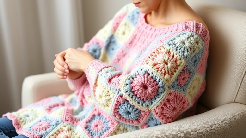 Side view of relaxed crochet posture, hands working on granny square blanket in soft pastels, comfortable chair setting, good lighting, shoulders relaxed and natural
