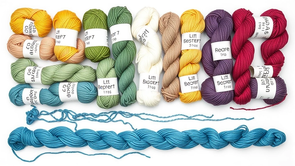 Yarn weight comparison chart laid flat showing labeled skeins from weight 0 to 7, organized by thickness, clean white background, professional product photography style